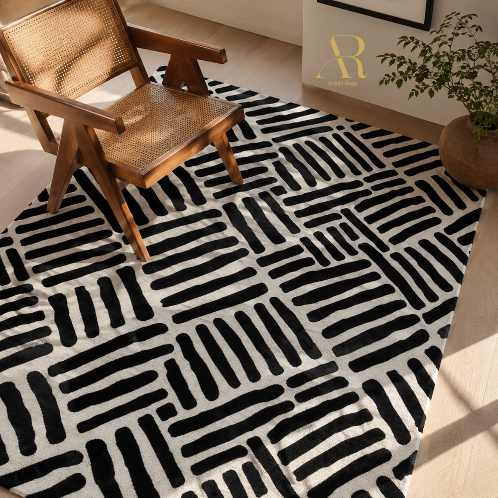 A black and off-white area rug with a bold abstract brushstroke pattern, styled in a modern living room setting with a wooden armchair and a potted plant.