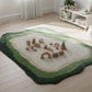 Children's play area with a green and white rug, wooden blocks, and a white bookshelf.