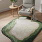 Rug with a unique design in a room with a chair and side table.