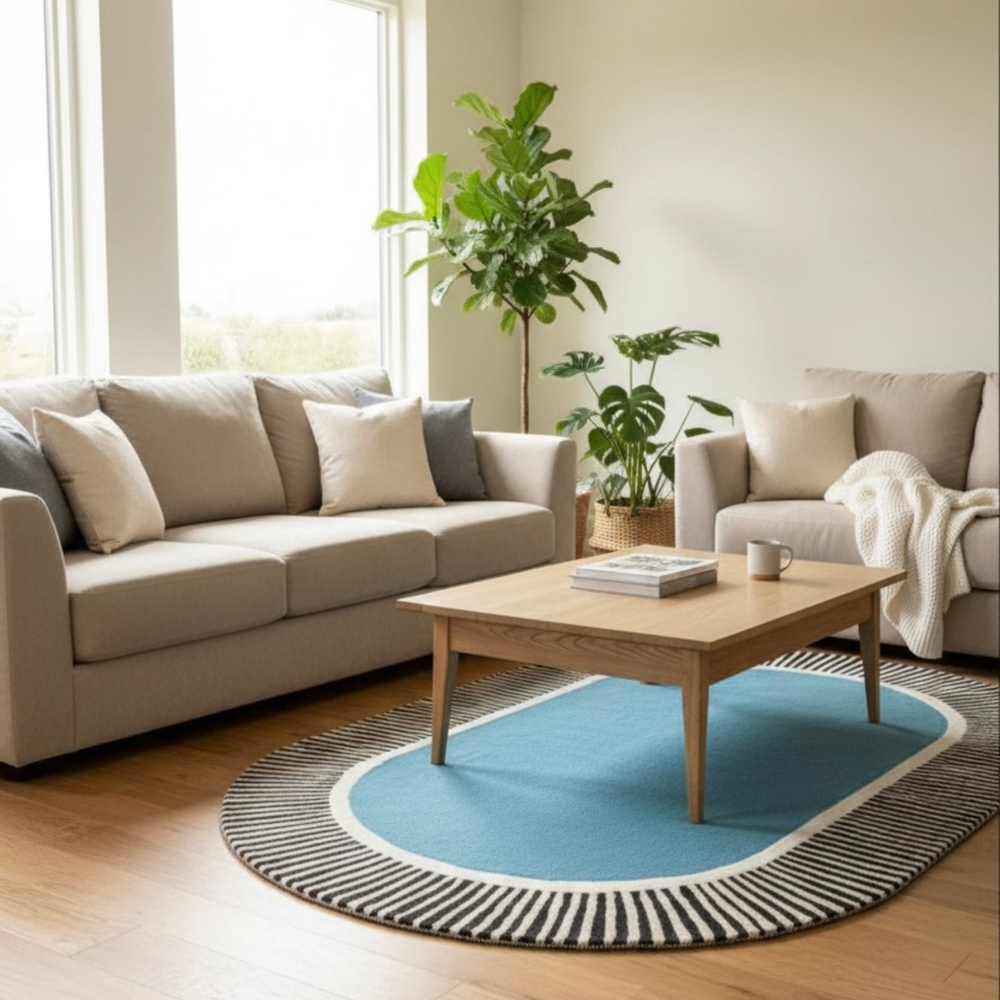 Living room with beige sofa, wooden coffee table, and decorative plants.