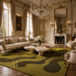 A luxurious living room featuring a prominent olive green and dark olive wavy patterned area rug on a dark wood floor. The room is styled in an opulent, classical European chateau with gold-trimmed walls, a large crystal chandelier, a marble fireplace, and matching cream-colored furniture.
