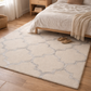 Beige patterned rug on a wooden floor in a bedroom setting.