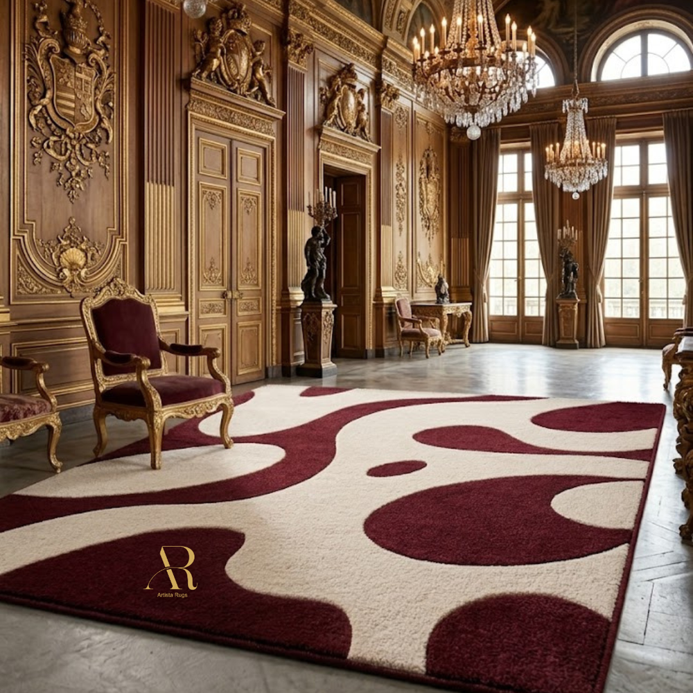 Luxurious room with ornate decor, chandeliers, and a large patterned rug.