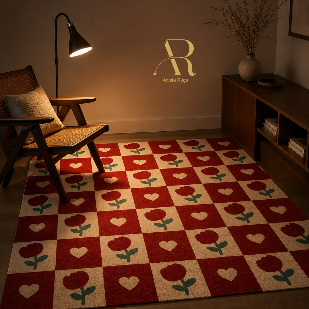 A rectangular area rug with a checkerboard pattern of red squares, cream squares, red roses, and cream hearts, styled in a warm, dimly lit living room next to a wooden armchair and a floor lamp.