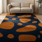 Rug with brown abstract shapes on a blue background in a living room setting.