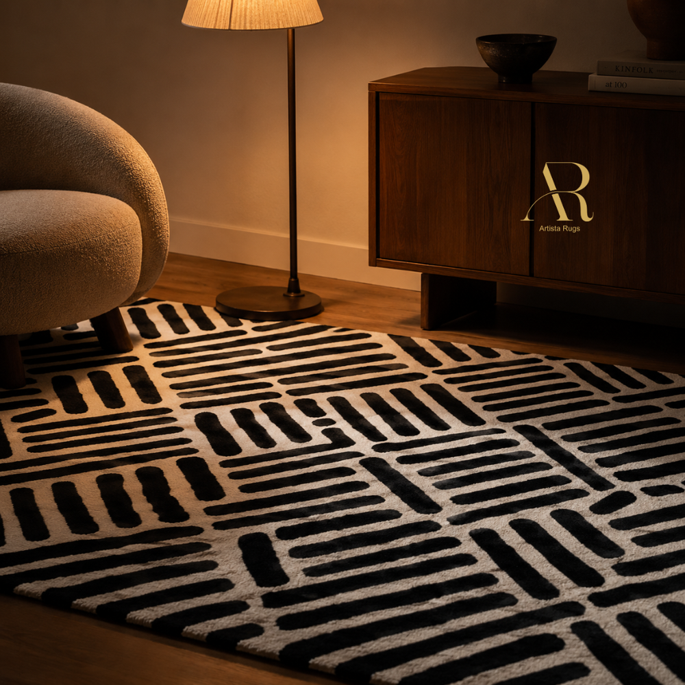 A black and off-white geometric patterned area rug styled in a warm, modern living room setting next to a wooden cabinet and a floor lamp.