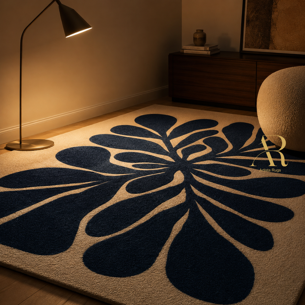 A large area rug with a bold navy blue floral or leaf-like pattern on a warm beige background, styled in a warmly lit modern room with a floor lamp, sideboard, and textured chair.