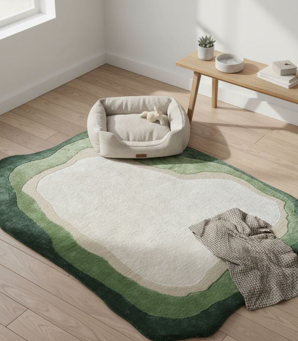 Green and white rug on a wooden floor with a pet bed and blanket in a room.