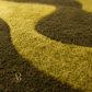 A close-up of a textured area rug with an abstract wavy pattern in olive green and mustard yellow, featuring a small gold 'R' logo in the lower-left corner.