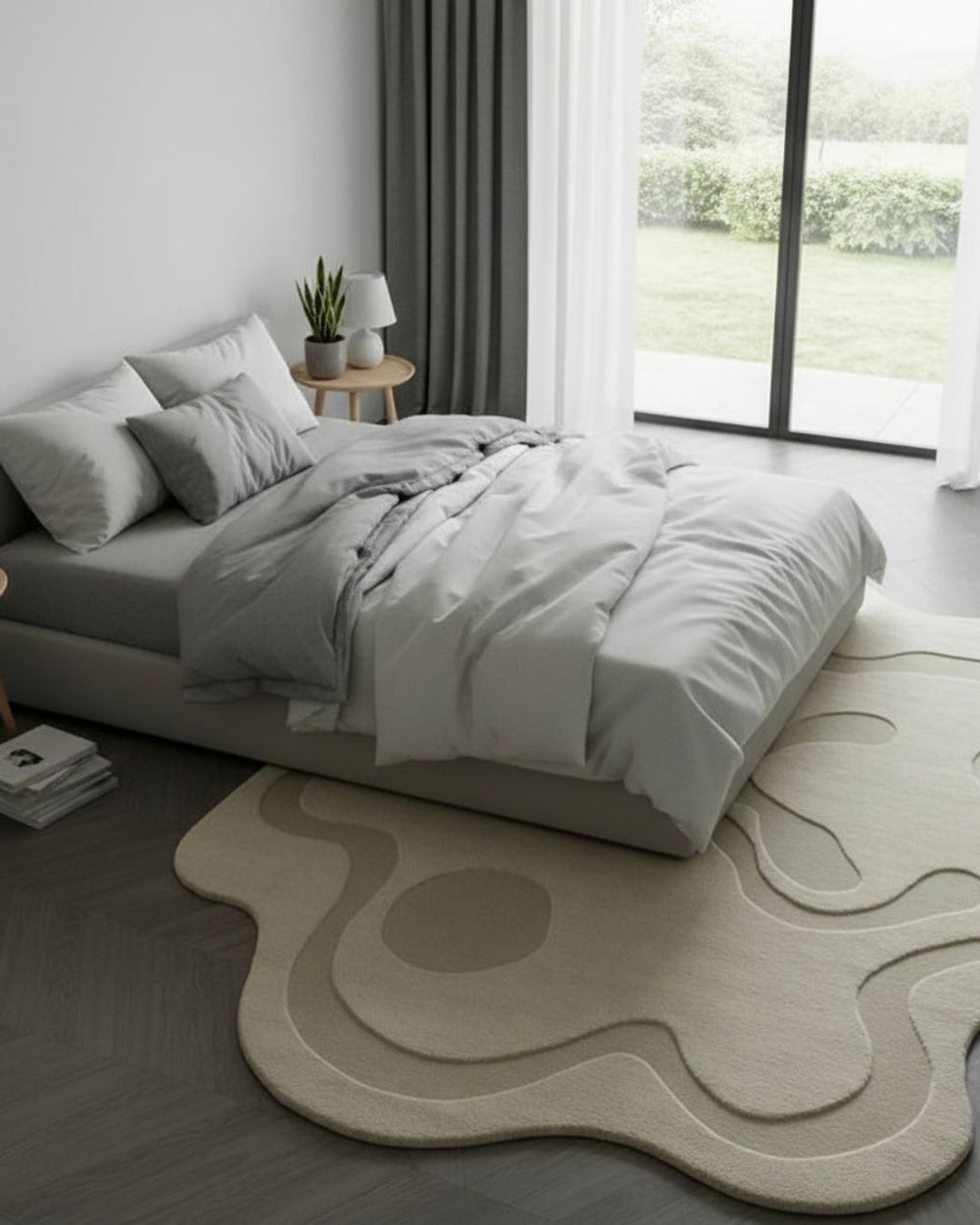 Modern bedroom with a bed and decorative rug.