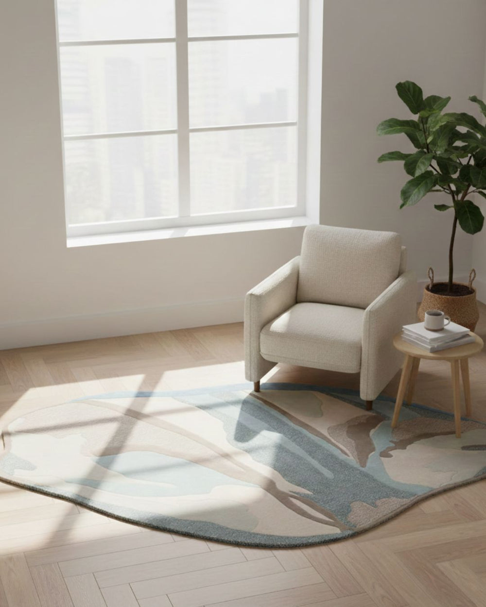 Beige armchair in a room with a large window, rug, and plant.