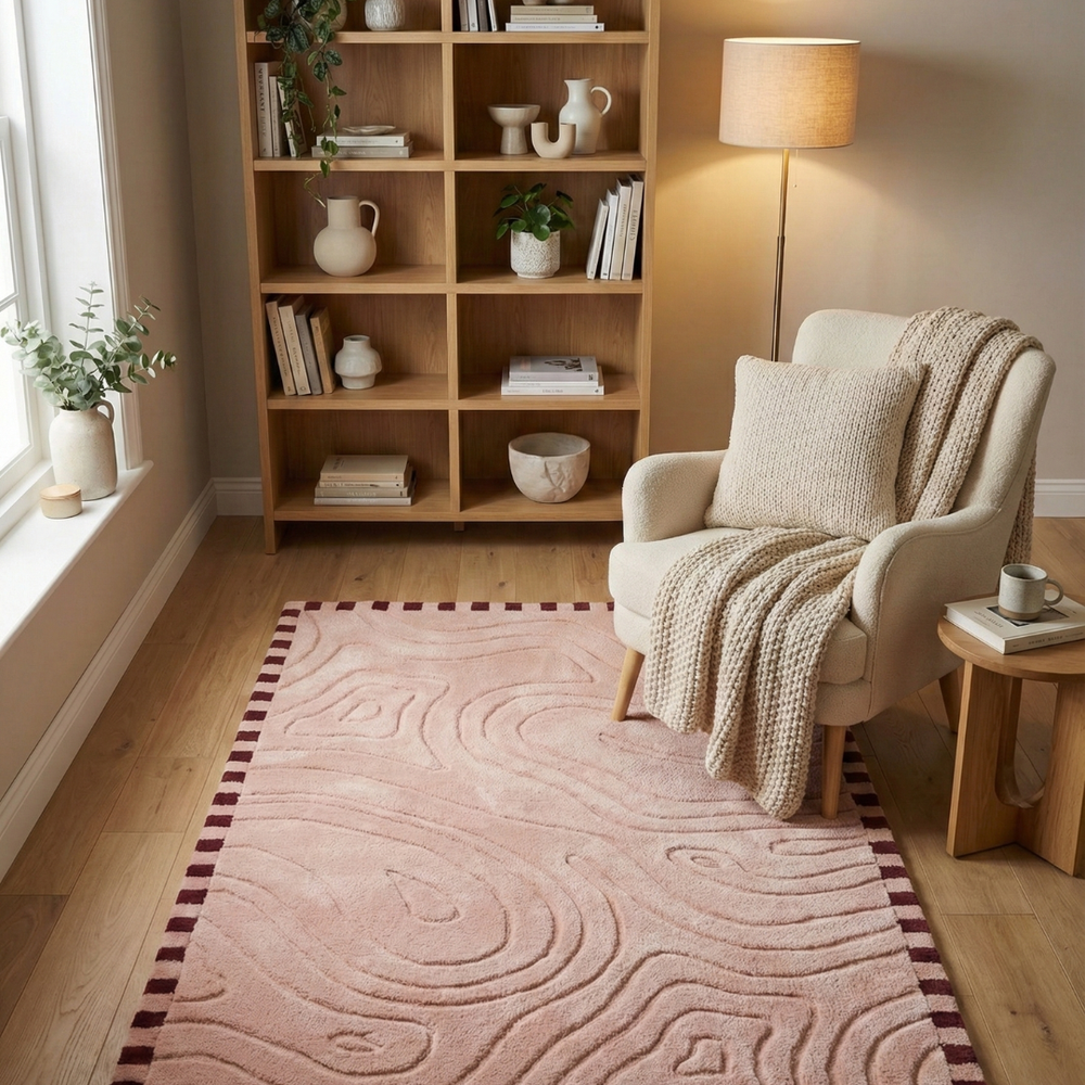 Cozy living room with a pink rug, beige armchair, and wooden bookshelf.