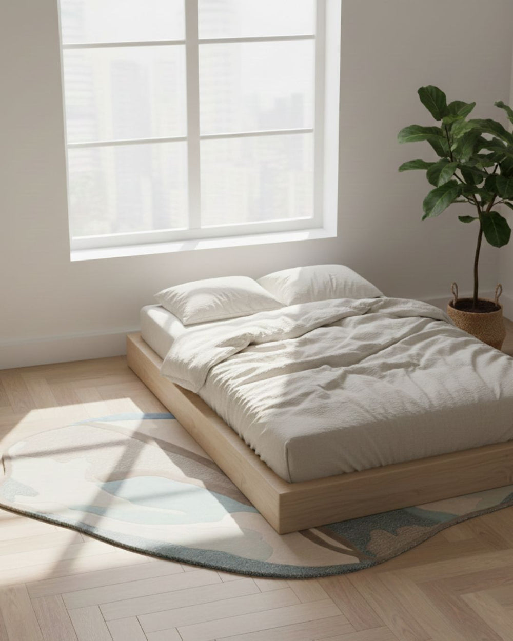 Minimalist bedroom with a wooden platform bed, white bedding, and a plant.