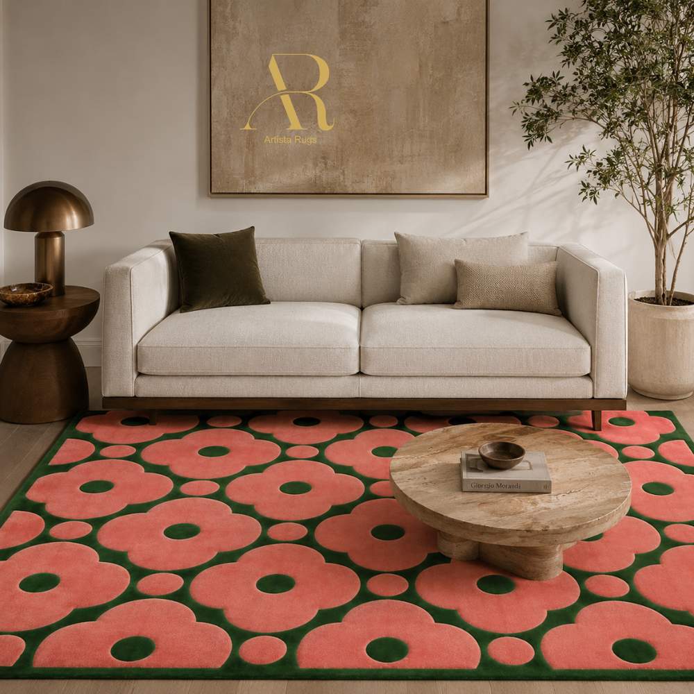 A modern living room scene featuring a large area rug with a bold coral pink and dark green floral pattern, styled with a cream sofa, a round wooden coffee table, and a brass side table.