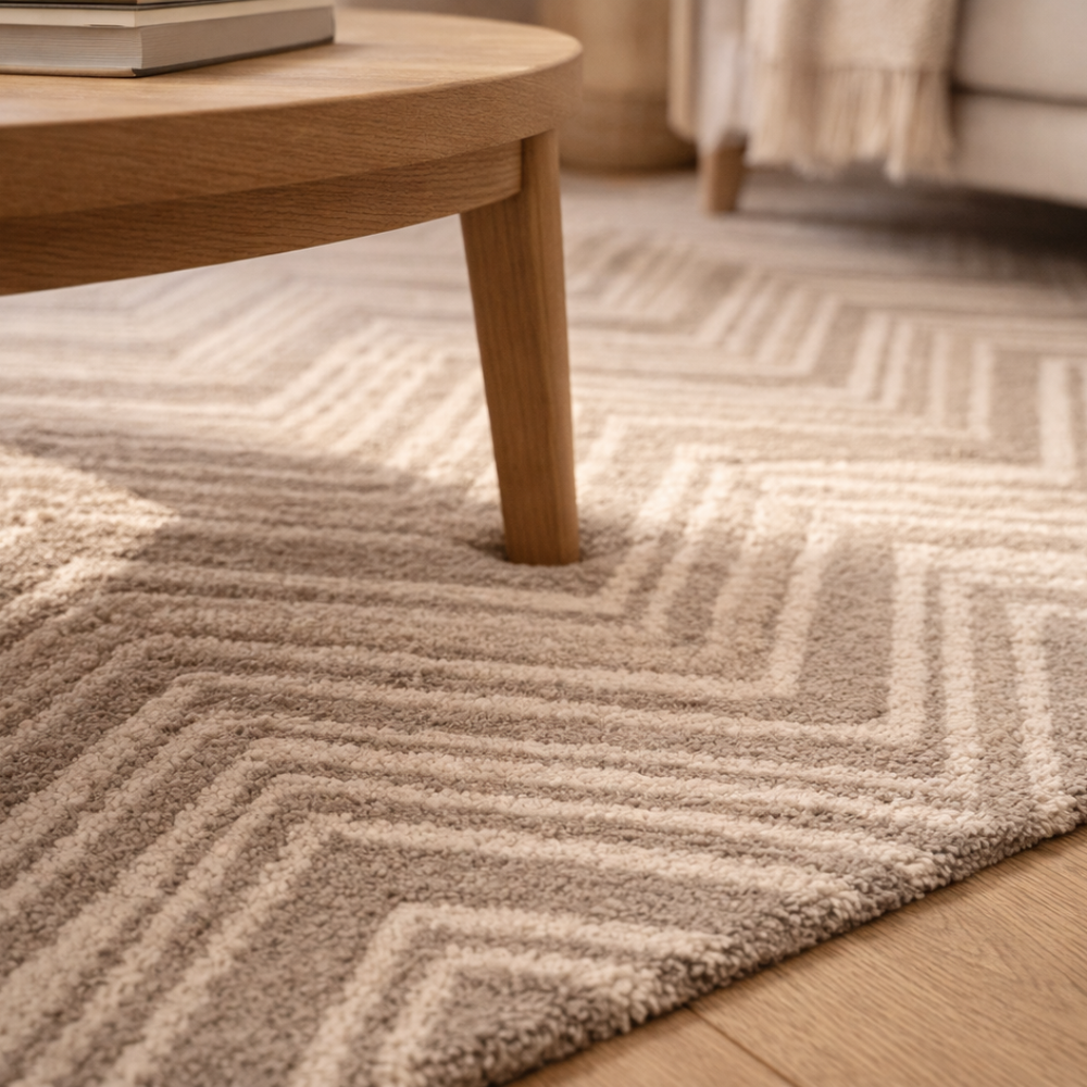Close-up of a textured rug with geometric pattern on a wooden floor, partially covered by a wooden coffee table.