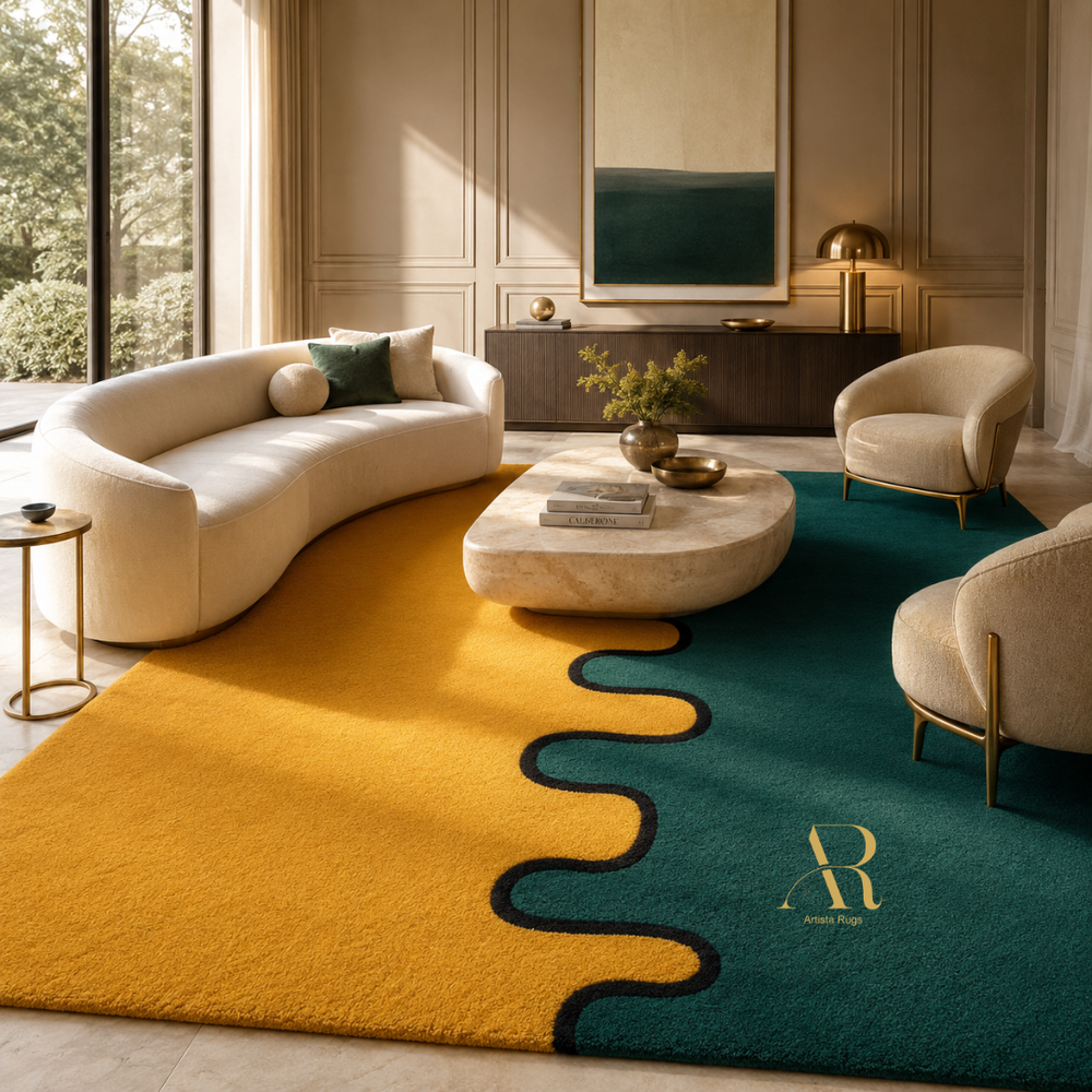 A large modern area rug in a styled living room. The rug features a wavy, segmented design with a mustard yellow left side, a dark teal right side, and a black dividing line.