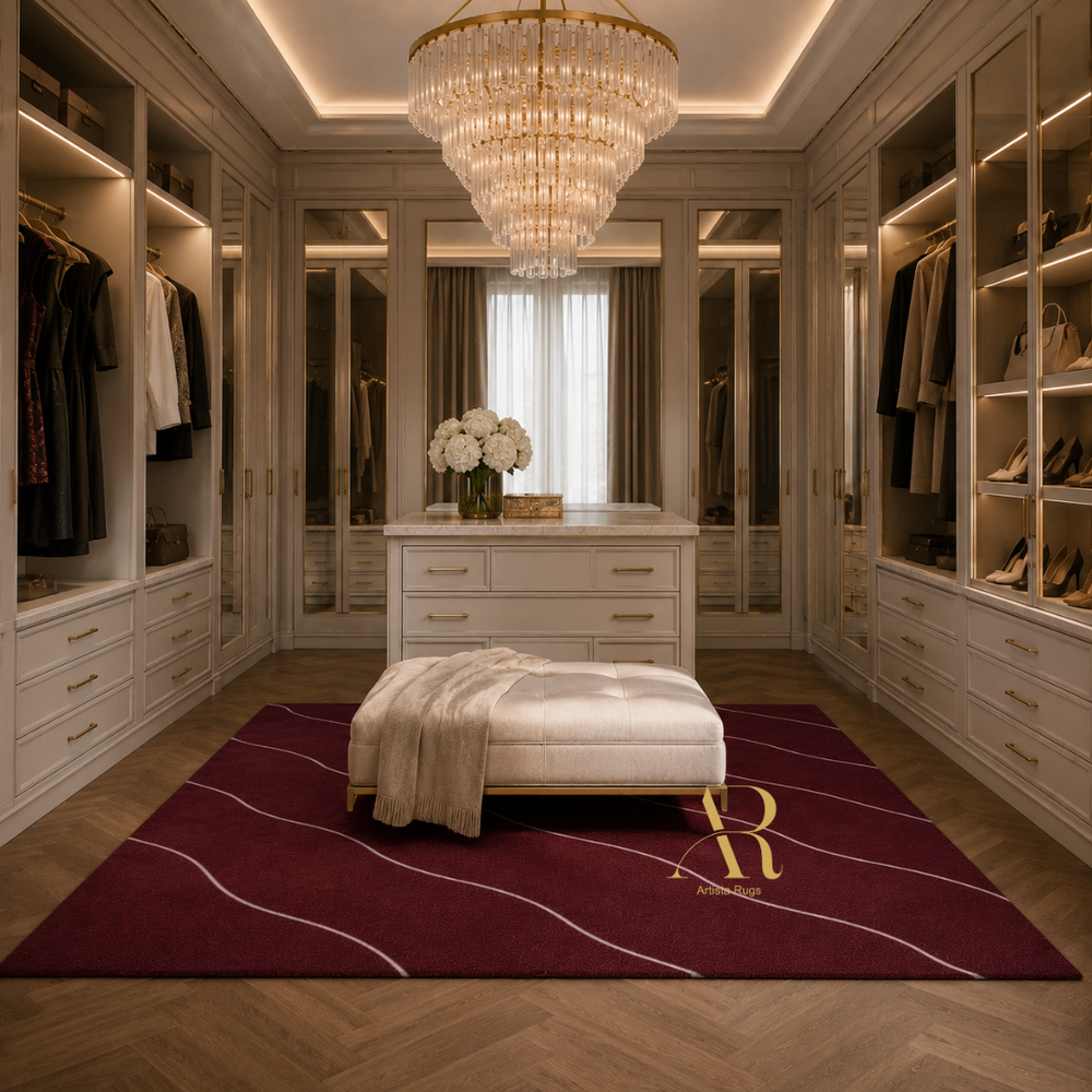 A luxury walk-in closet interior with built-in cabinetry, a large crystal chandelier, a white bench, and a deep burgundy area rug featuring a gold monogram logo. Clothes are displayed on racks and shelves, and the room is lit by warm ambient lighting.