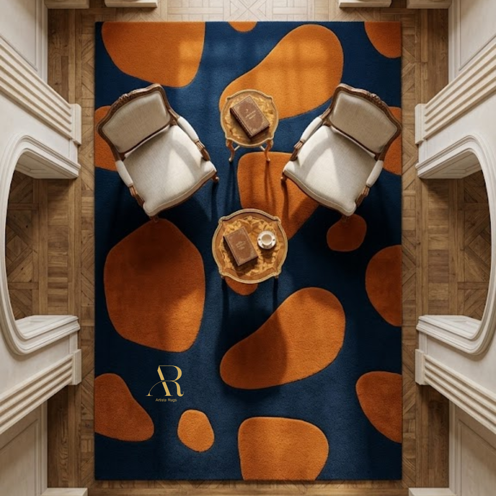 Decorative rug with abstract orange and blue design in a room with white columns.