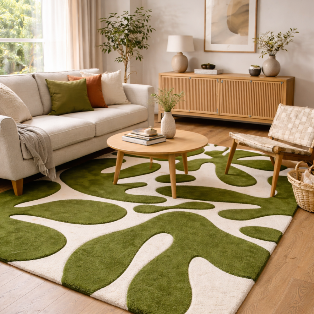 Living room with a green and white patterned rug, beige sofa, wooden coffee table, and decorative items.