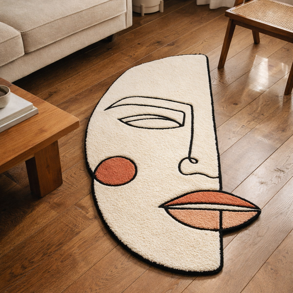 Abstract face-shaped rug on a wooden floor with a couch and coffee table in the background