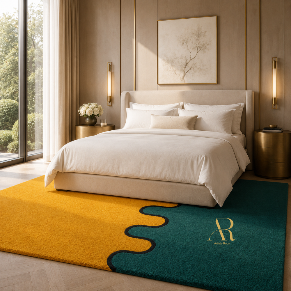 A styled bedroom scene showing a bed with white bedding and pillows placed on a large area rug. The rug has a split design with mustard yellow on the left and deep teal on the right, joined by a wavy black outline.