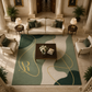 A large modern area rug with abstract green, beige, and cream shapes outlined in gold, styled in a luxurious classical living room with a sofa, armchairs, and a coffee table.