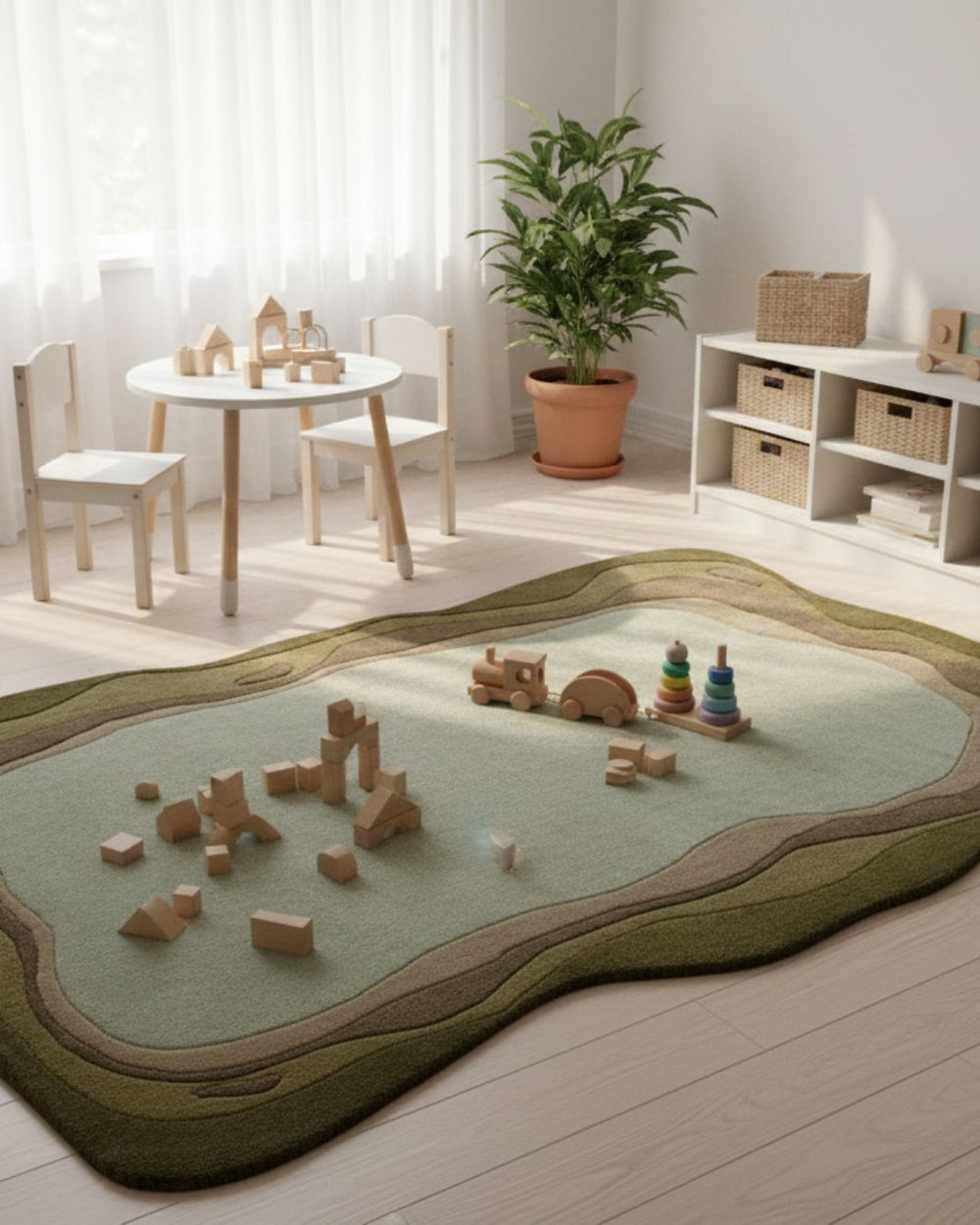 Children's playroom with a green and brown rug, toys, and a small table.
