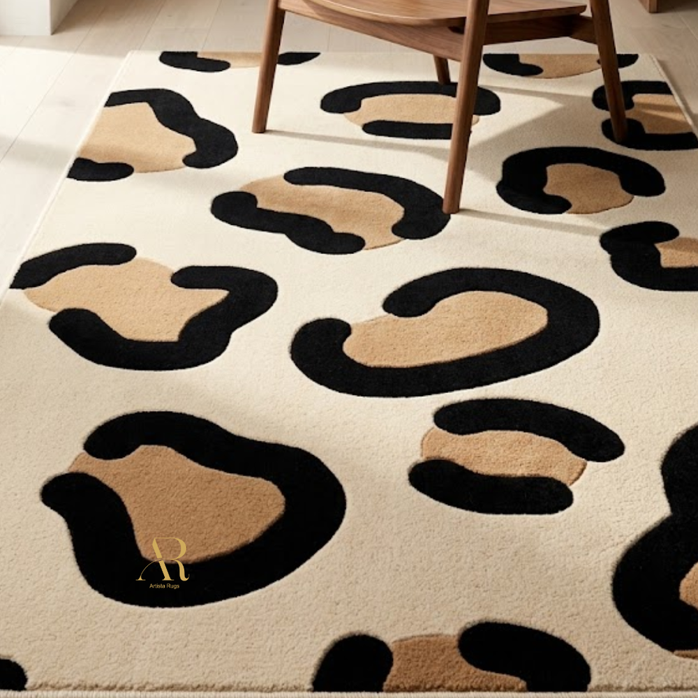 Beige and black patterned rug with a chair partially visible