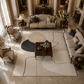 An overhead view of a large modern abstract area rug in a grand, elegant living room with beige sofas, wooden furniture, and marble floors.