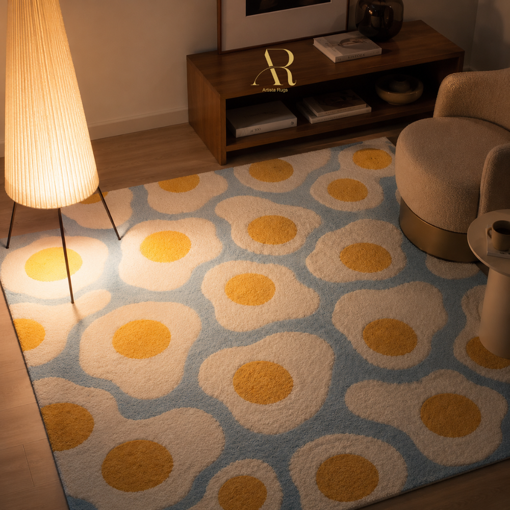 A modern area rug with a repeating fried-egg pattern in light blue, white, and mustard yellow, styled in a warm, contemporary living room setting.