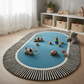 Children's playroom with a blue rug featuring toys and a striped border.