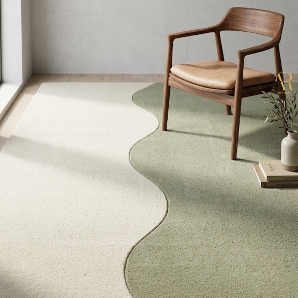 Modern chair on a green and beige carpet in a minimalistic room.