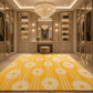 A large rectangular area rug with a bold white daisy and vertical stripe pattern on a bright yellow background, displayed in a luxurious, symmetrical walk-in closet with cream cabinetry and a crystal chandelier.