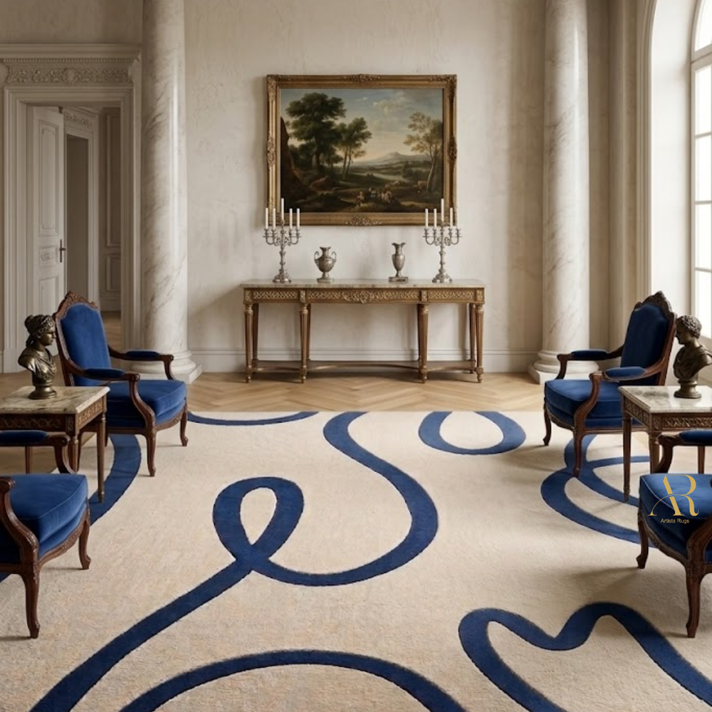 Elegant room with classical furniture, blue accents, and a large window.