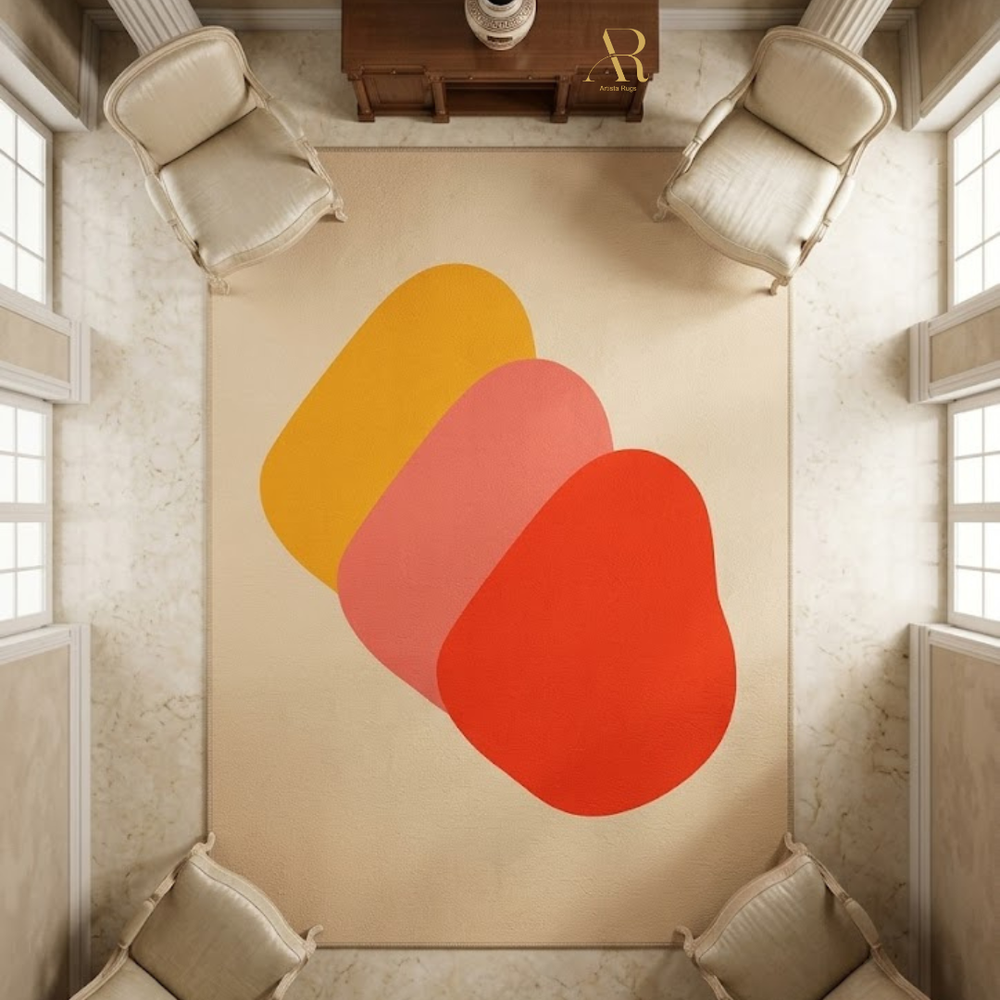 Colorful abstract art piece on a wall with two chairs and a table in a room.