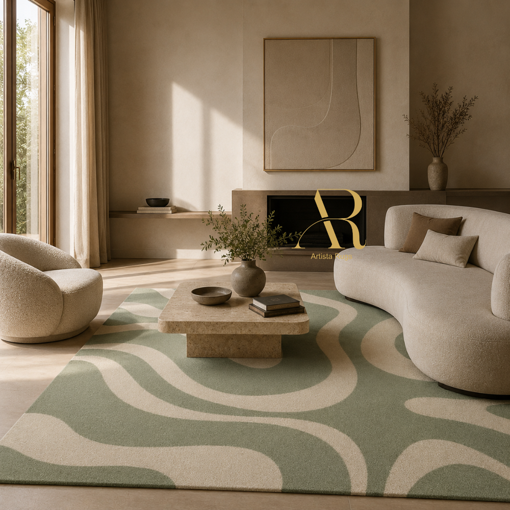 A modern living room featuring a large area rug with a wavy abstract pattern in sage green and cream. The room is styled with a curved beige sofa, a matching armchair, a low stone coffee table, and warm neutral walls.