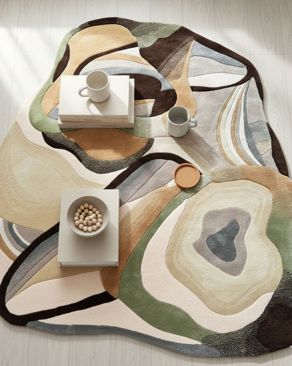 Abstract patterned rug with a coffee table and decor items on a light wood floor.