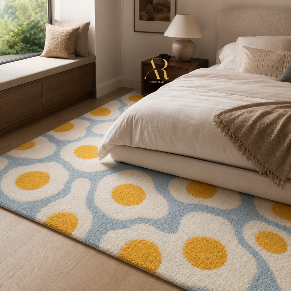 A modern bedroom scene featuring a plush area rug with a light blue background and a bold yellow and white sunflower pattern, styled under a neatly made bed.