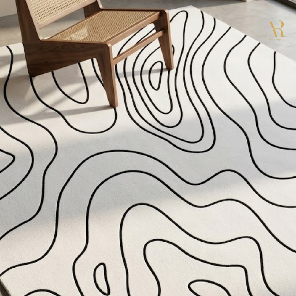 Rug with black wavy lines on a light background, featuring a chair.