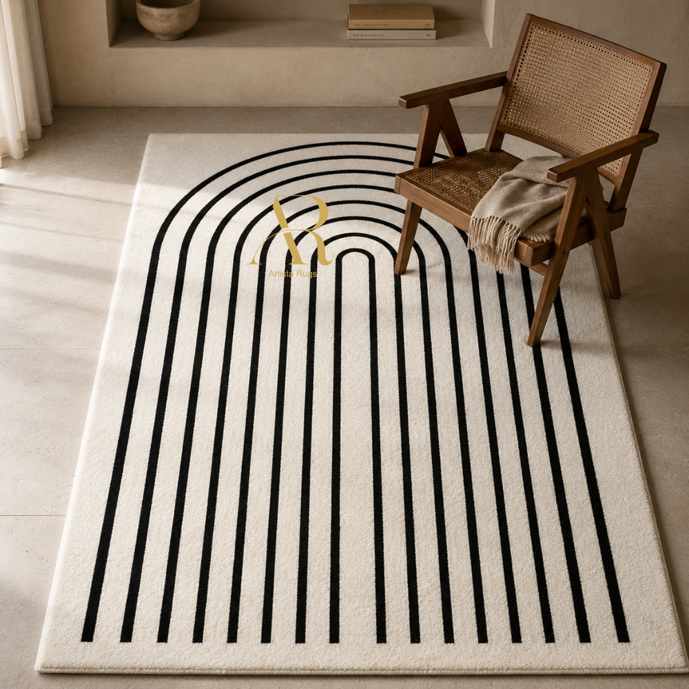 A rectangular area rug with a black arched stripe pattern on a cream background, styled in a modern room next to a wooden armchair.