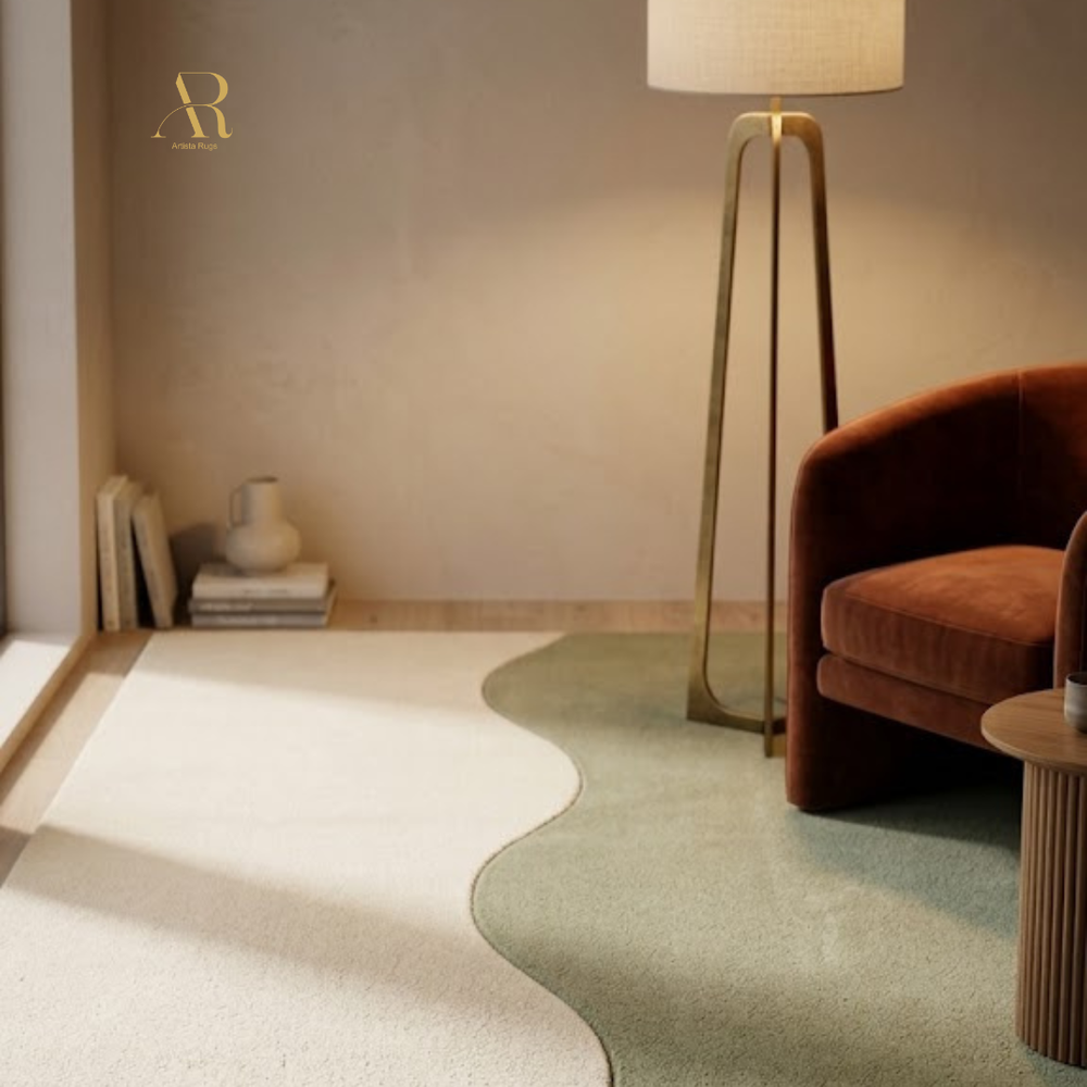 Modern interior with a brown armchair, floor lamp, and decorative items on a light-colored floor.