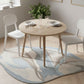 Round wooden dining table with chairs in a room with a rug and plants.
