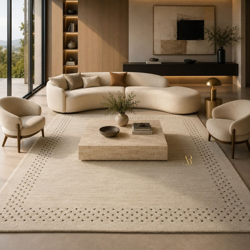 A large cream-colored area rug with a subtle geometric border pattern, styled under a bed in a modern, warm-toned bedroom with wood paneling and natural light.