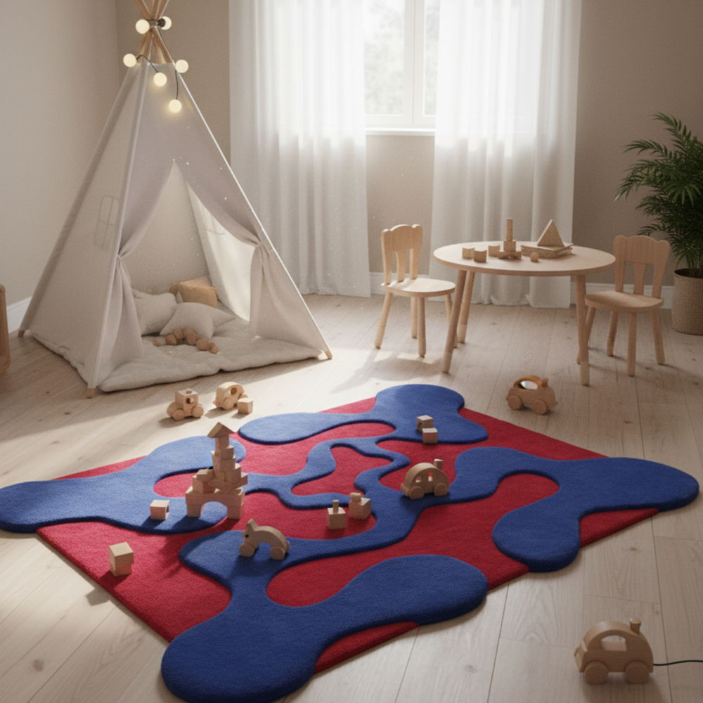Children's playroom with a colorful rug, wooden toys, and a teepee.