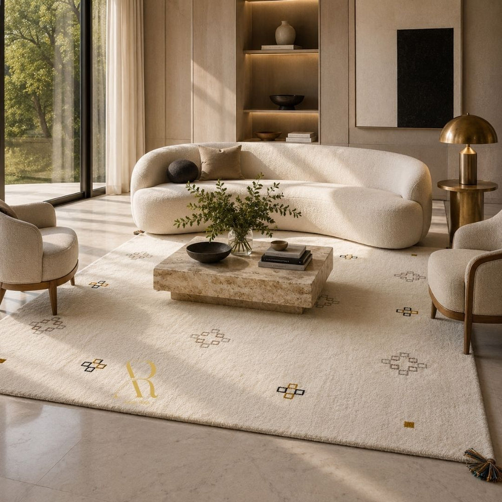 A rectangular beige area rug with a Southwestern geometric pattern in brown, gold, and black, featuring a gold monogram logo near the bottom right. The rug is shown flat against a solid white background.