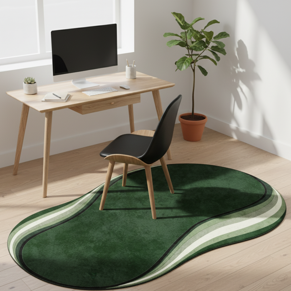 Green wavy rug on a wooden floor in a room with a desk and chair.