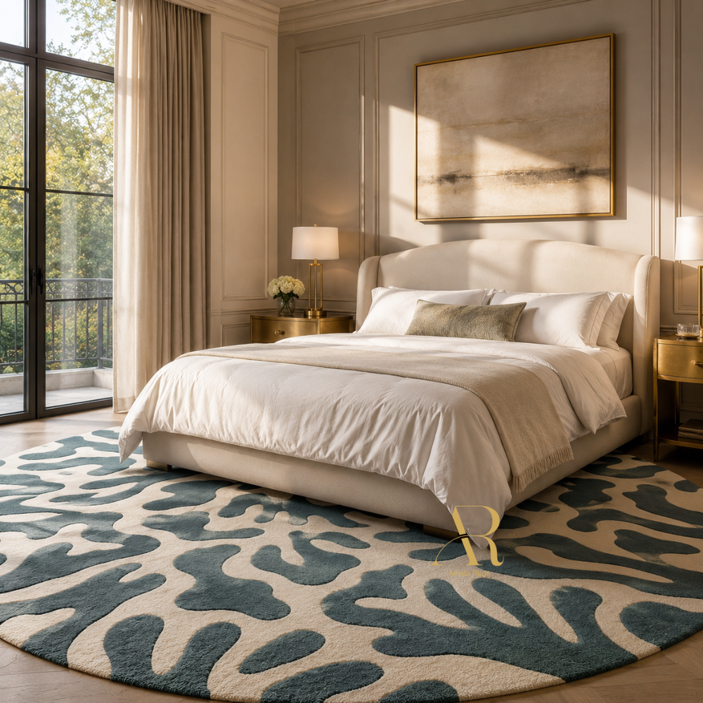 A luxury bedroom featuring a large round area rug with an abstract organic pattern in teal blue and cream. The room is styled with a cream upholstered bed, white linens, gold bedside tables, and a large framed abstract painting on the wall.