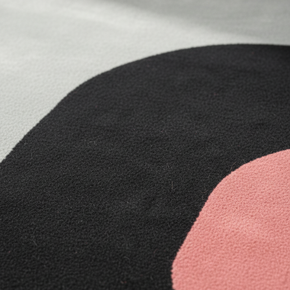Close-up of a black and pink circular pattern on fabric.