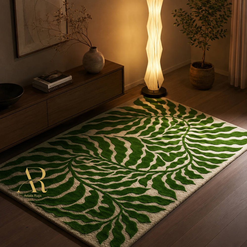 A green and cream leaf-patterned area rug styled in a warm, modern living room corner with a wooden console, a glowing floor lamp, and a potted plant.