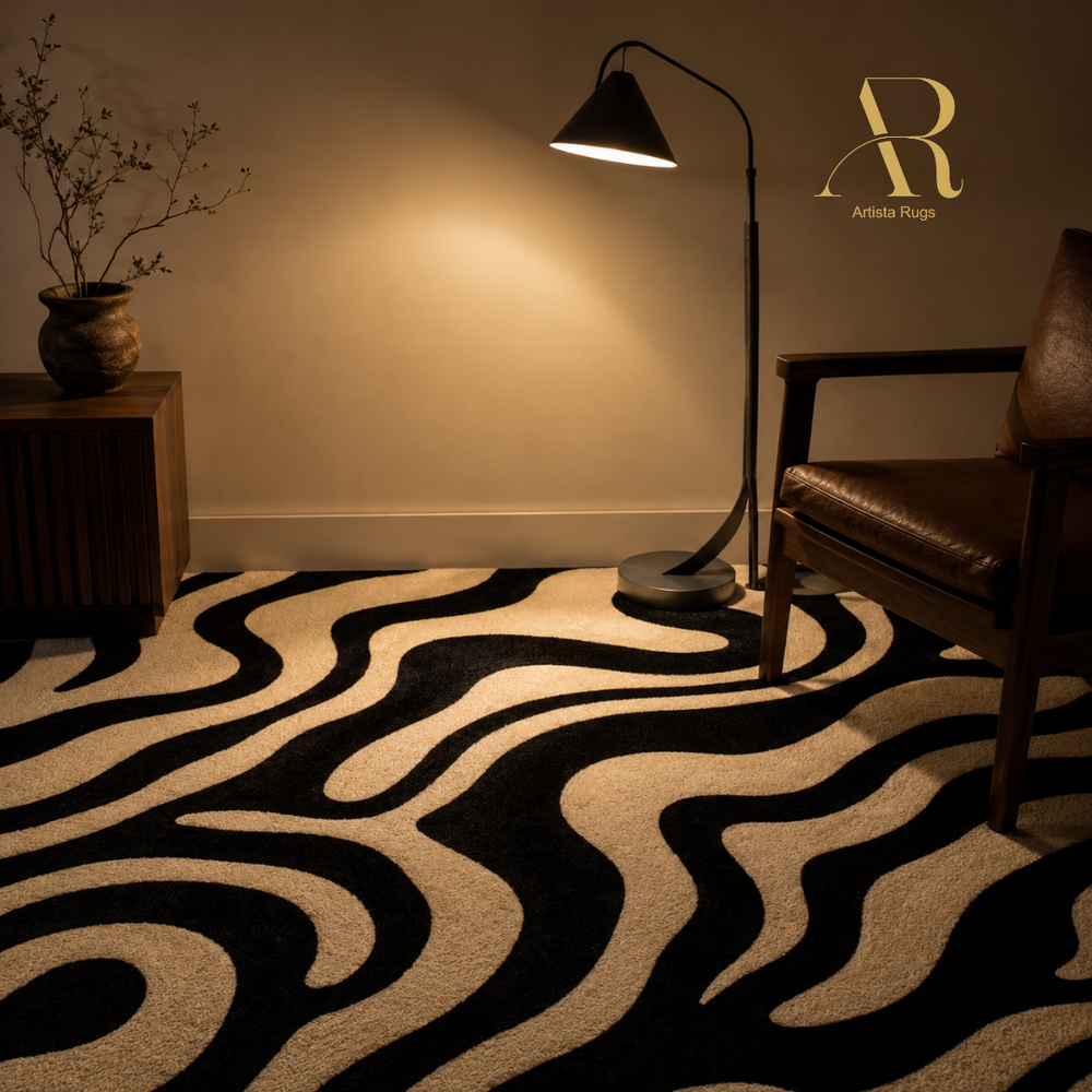 A black and beige abstract wavy patterned area rug in a styled living room setting with a floor lamp, wooden side table, and leather armchair. The brand logo 'Artisa Rugs' is visible in the top right corner.
